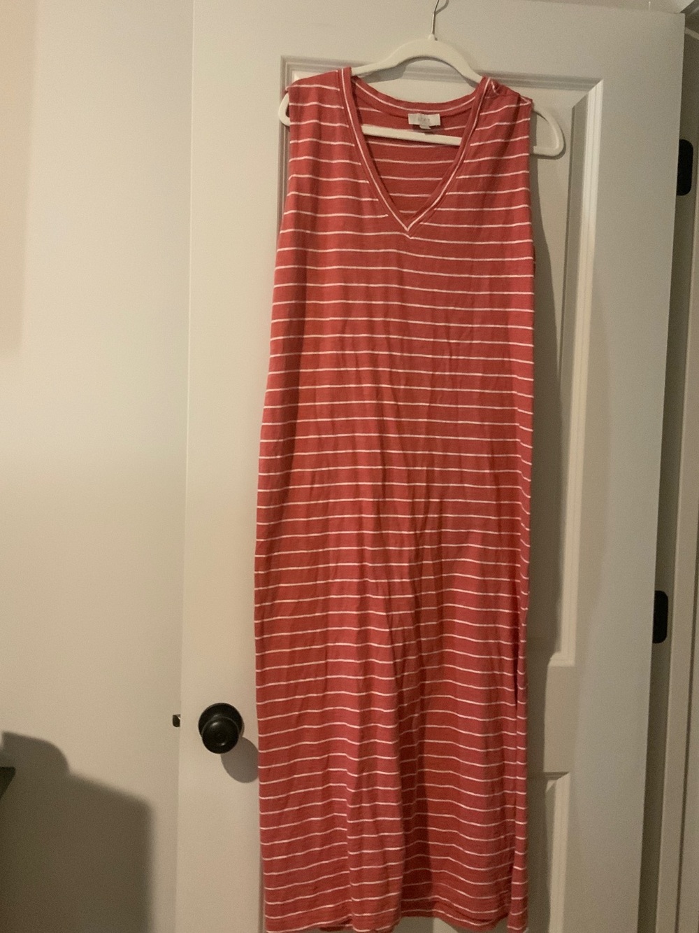 LOFT Coral and White Striped V-Neck Maxi Dress